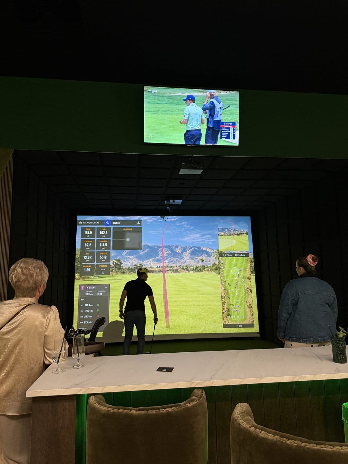 Guests watching a golf simulator screen